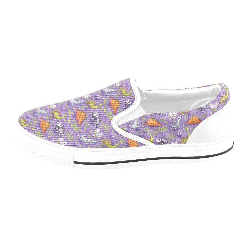 Zombie Dinosaur Print Design LKS302 White Slip Ons Canvas Women's Shoes