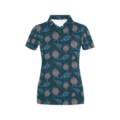 Sea Turtle Hand Drawn Blue Print Women's Polo Shirt