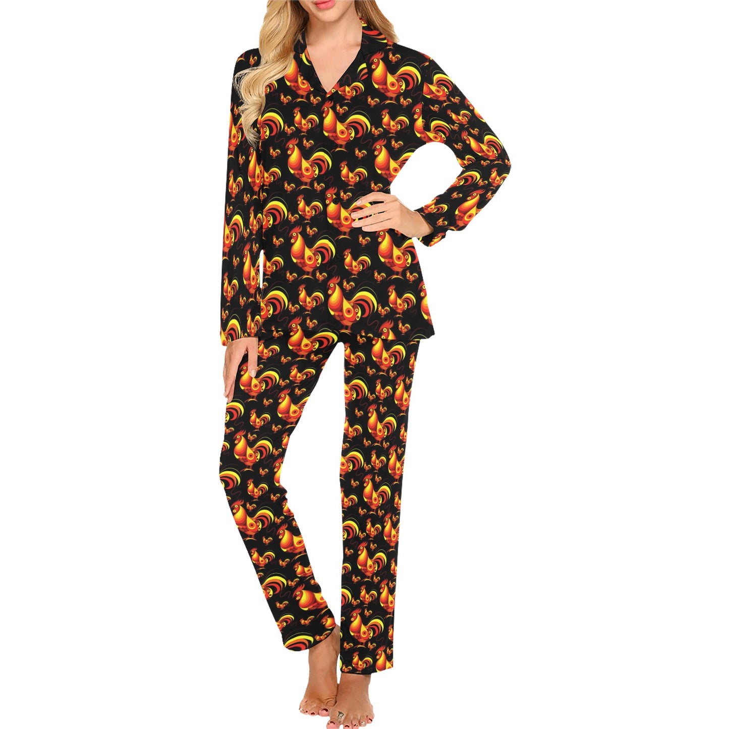 Rooster Print Themed Women's Long Pajama Set