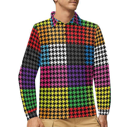 Houndstooth Colorful Pattern Print Design 01 Long Sleeve Polo Shirt For Men's