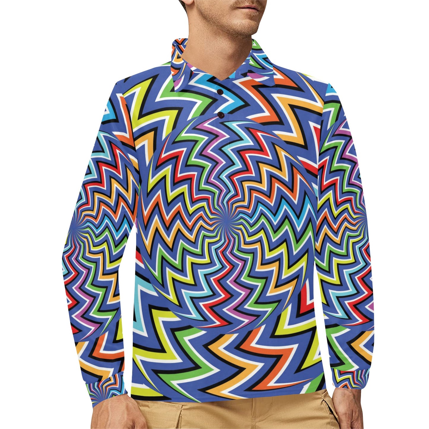 Optical illusion Pattern Print Design A02 Long Sleeve Polo Shirt For Men's