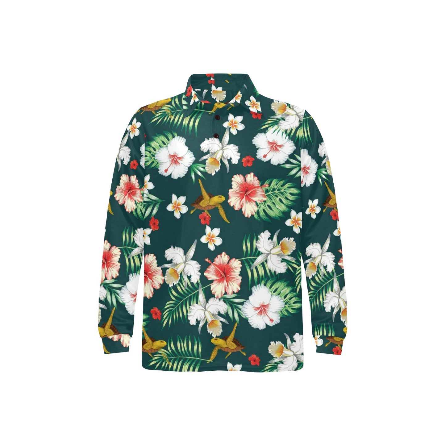 Hawaiian Flower Design with SeaTurtle Print Long Sleeve Polo Shirt For Men's
