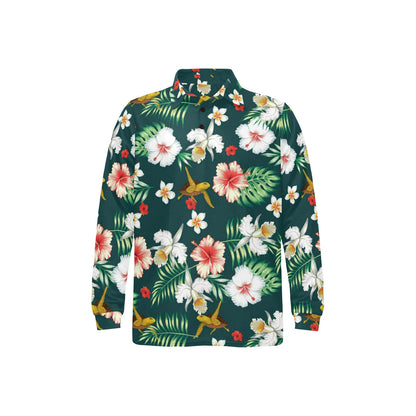 Hawaiian Flower Design with SeaTurtle Print Long Sleeve Polo Shirt For Men's