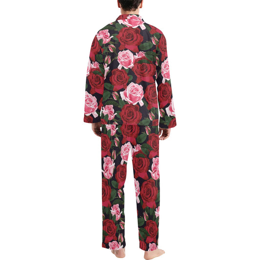 Rose Red Pink Pattern Print Design RO01 Men's Long Pajama Set