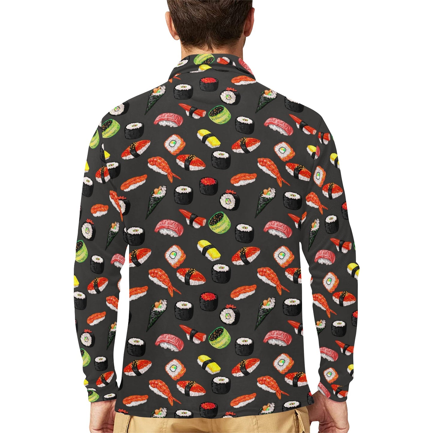 Sushi Design Print Long Sleeve Polo Shirt For Men's