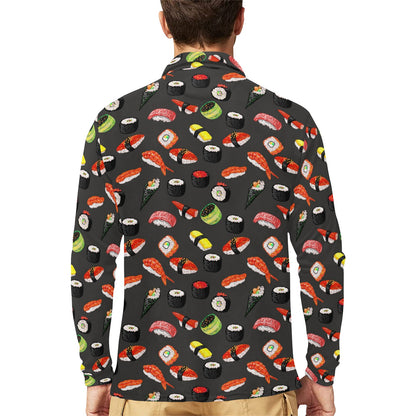 Sushi Design Print Long Sleeve Polo Shirt For Men's