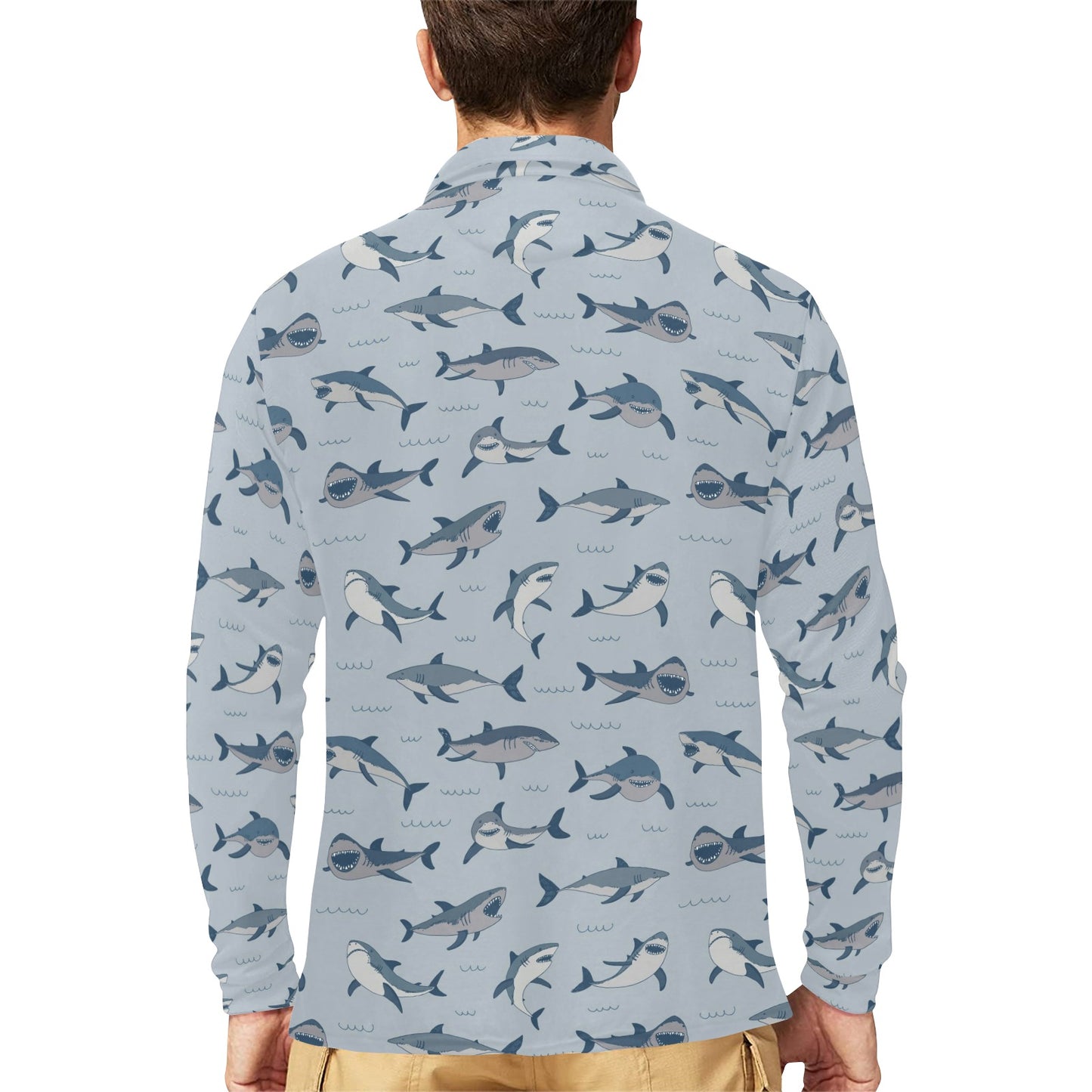 Shark Print Design LKS304 Long Sleeve Polo Shirt For Men's