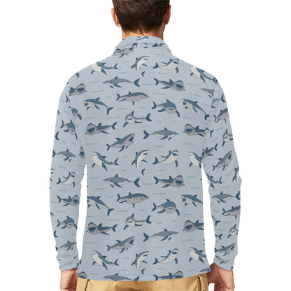 Shark Print Design LKS304 Long Sleeve Polo Shirt For Men's