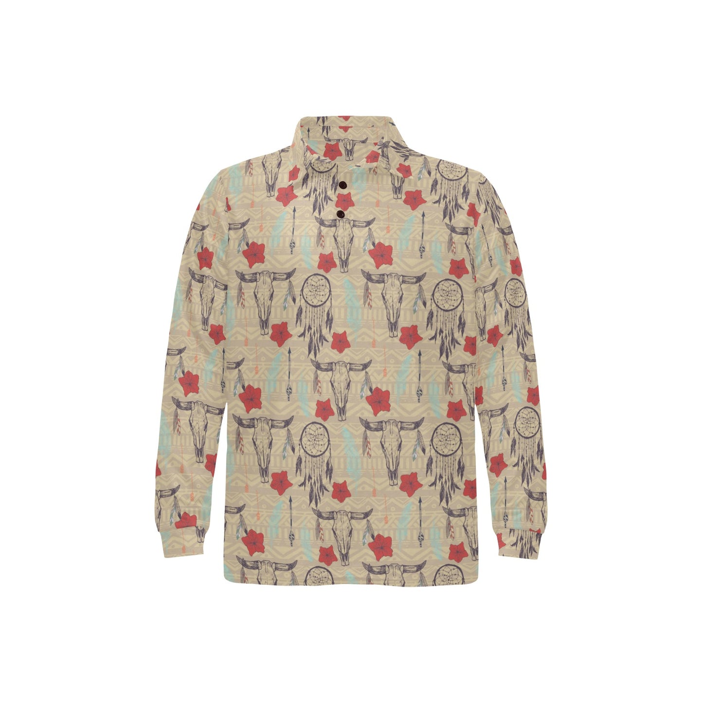 Native Buffalo Head Themed Design Print Long Sleeve Polo Shirt For Men's
