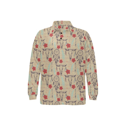 Native Buffalo Head Themed Design Print Long Sleeve Polo Shirt For Men's