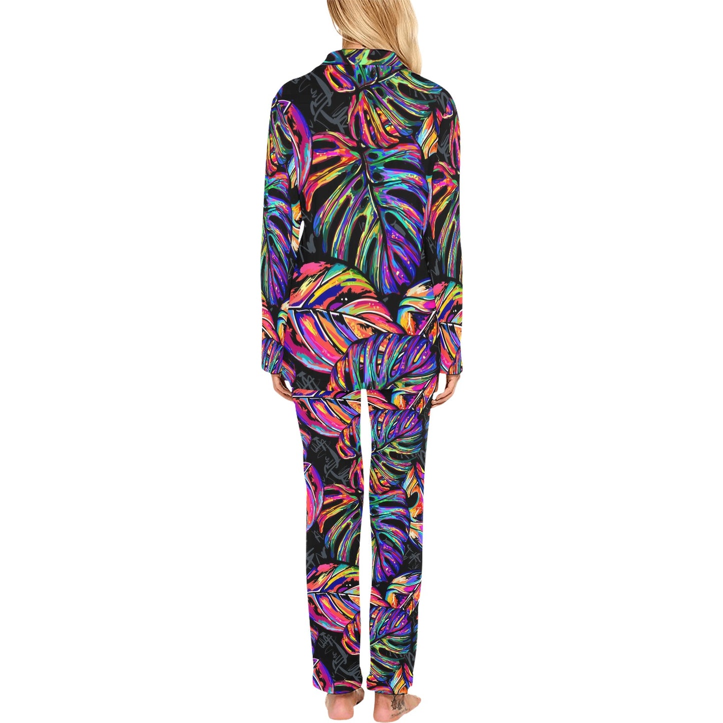 Neon Color Tropical Palm Leaves Women's Long Pajama Set