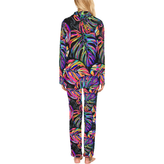 Neon Color Tropical Palm Leaves Women's Long Pajama Set