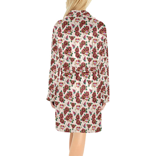 Old School Tattoo Rose Pattern Women's Fleece Robe