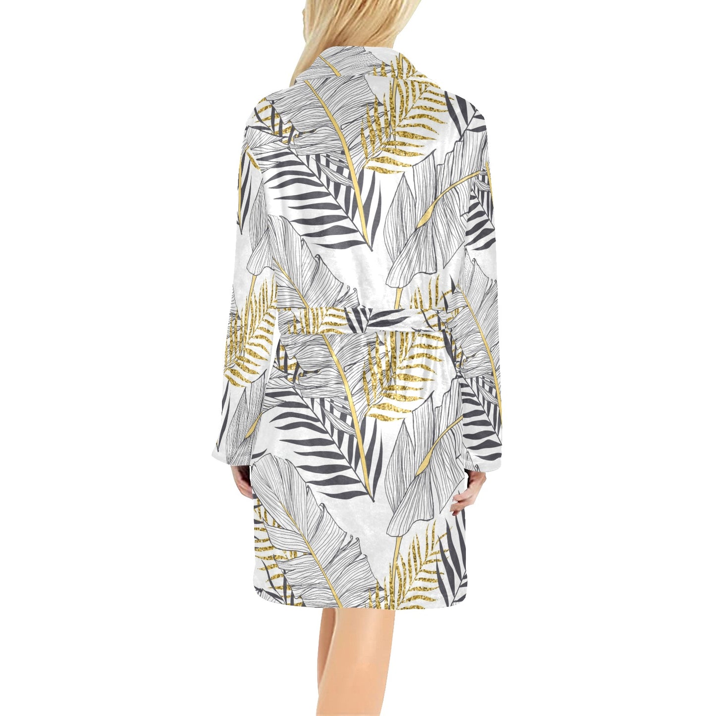 Gold Glitter Tropical Palm Leaves Women's Fleece Robe