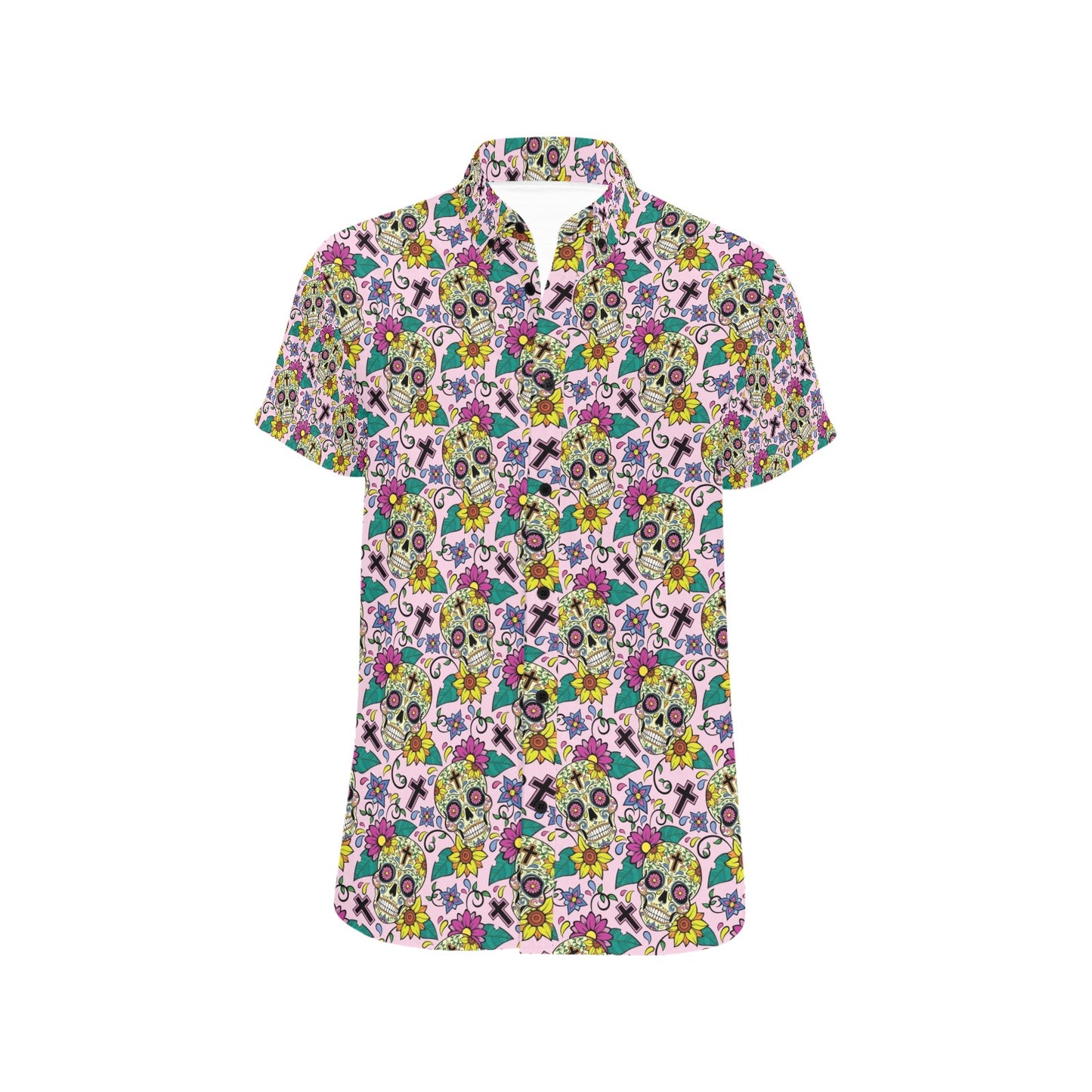 Sugar Skull Print Design LKS307 Men Short Sleeve Button Up Shirt