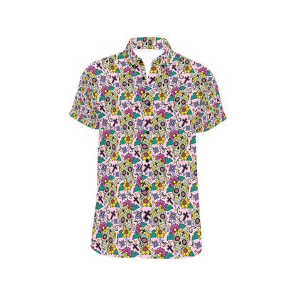 Sugar Skull Print Design LKS307 Men Short Sleeve Button Up Shirt