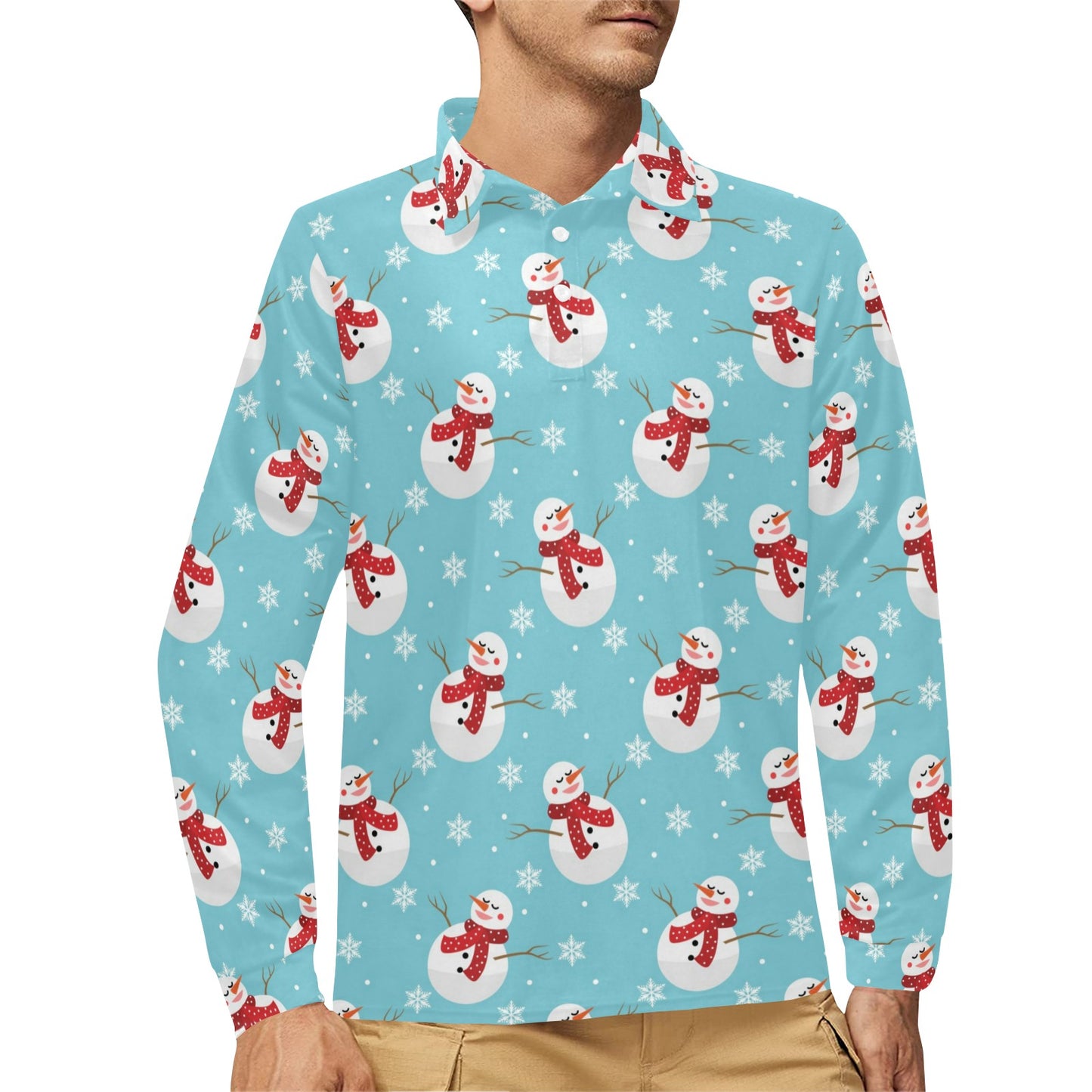 Snowman Print Design LKS304 Long Sleeve Polo Shirt For Men's