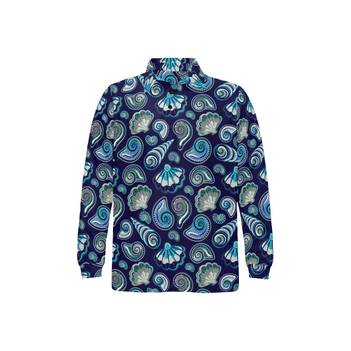 Beach Seashell Blue Print Long Sleeve Polo Shirt For Men's