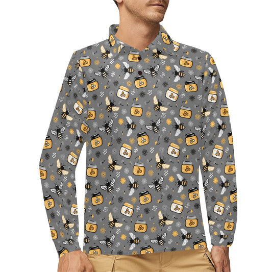 Honey Bee Print Design LKS301 Long Sleeve Polo Shirt For Men's