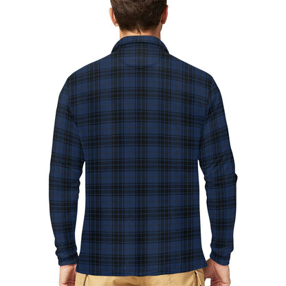 Navy Blue Tartan Plaid Pattern Long Sleeve Polo Shirt For Men's
