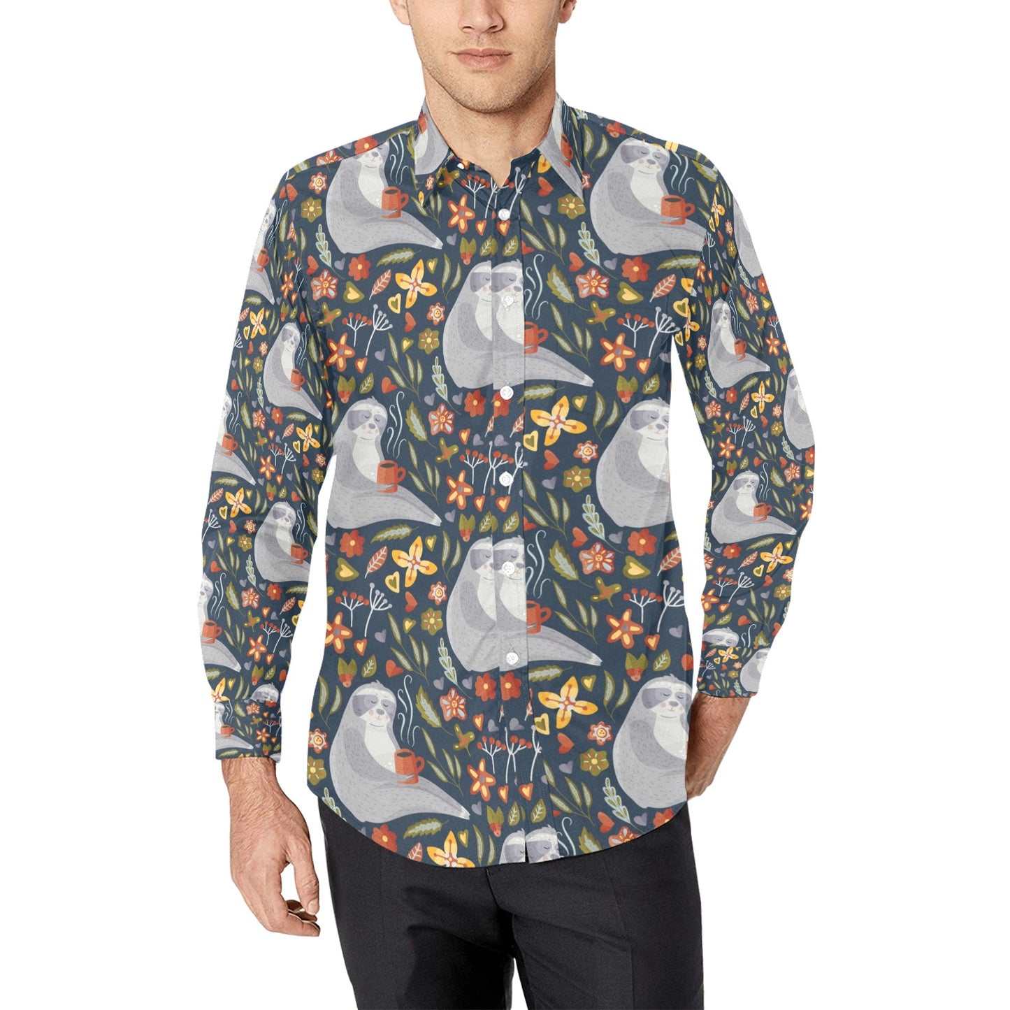 Sloth Print Design LKS303 Men's Long Sleeve Dress Shirt