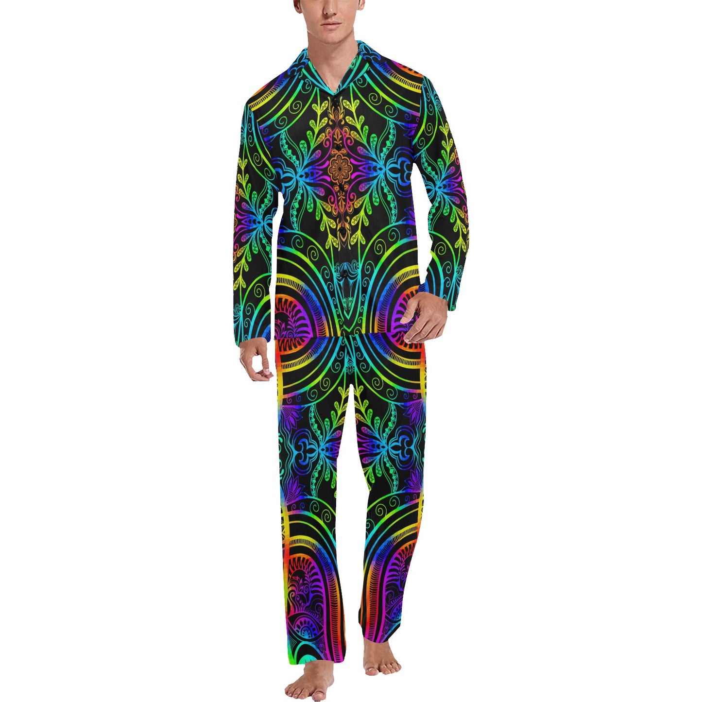 Neon Trible Rainbow Pattern Print Design A01 Men's Long Pajama Set
