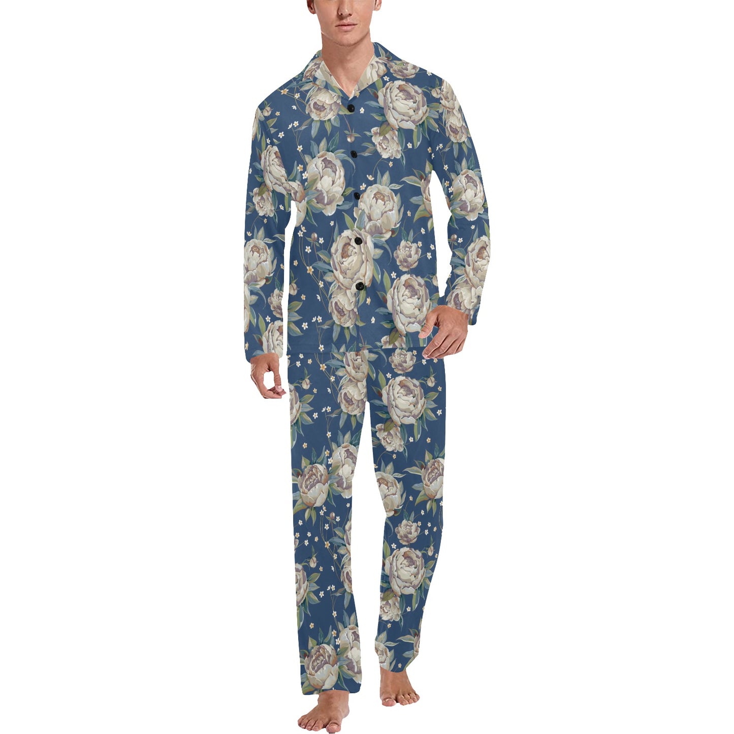 Peony Pattern Print Design A03 Men's Long Pajama Set