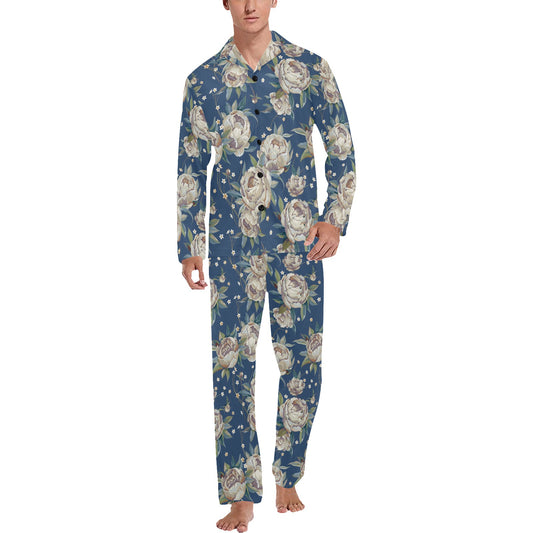 Peony Pattern Print Design A03 Men's Long Pajama Set