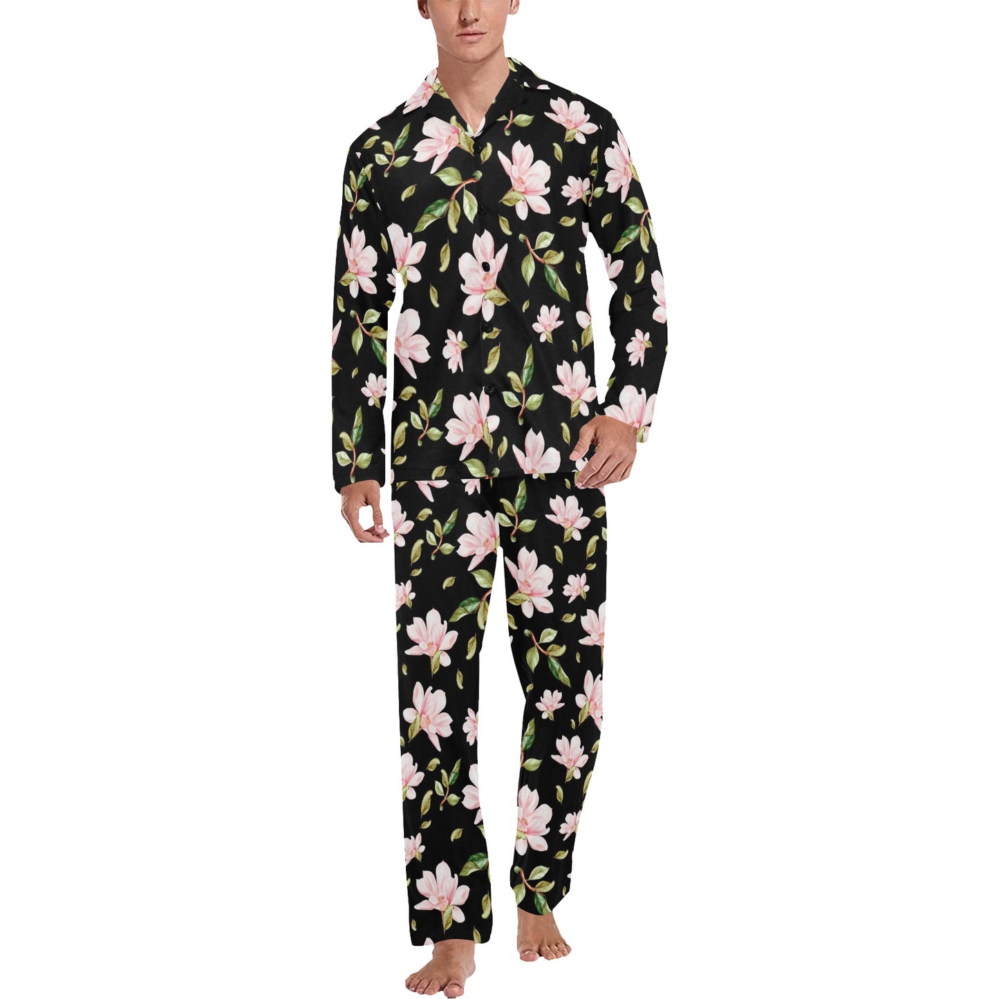 Magnolia Pattern Print Design MAG01 Men's Long Pajama Set