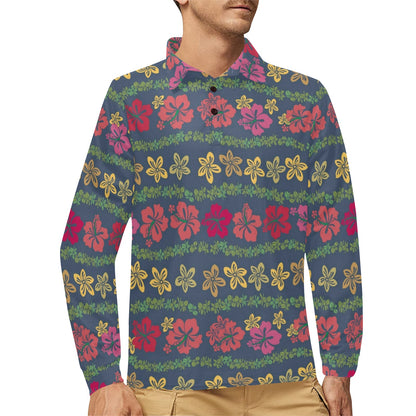 Hawaiian Themed Pattern Print Design H018 Long Sleeve Polo Shirt For Men's