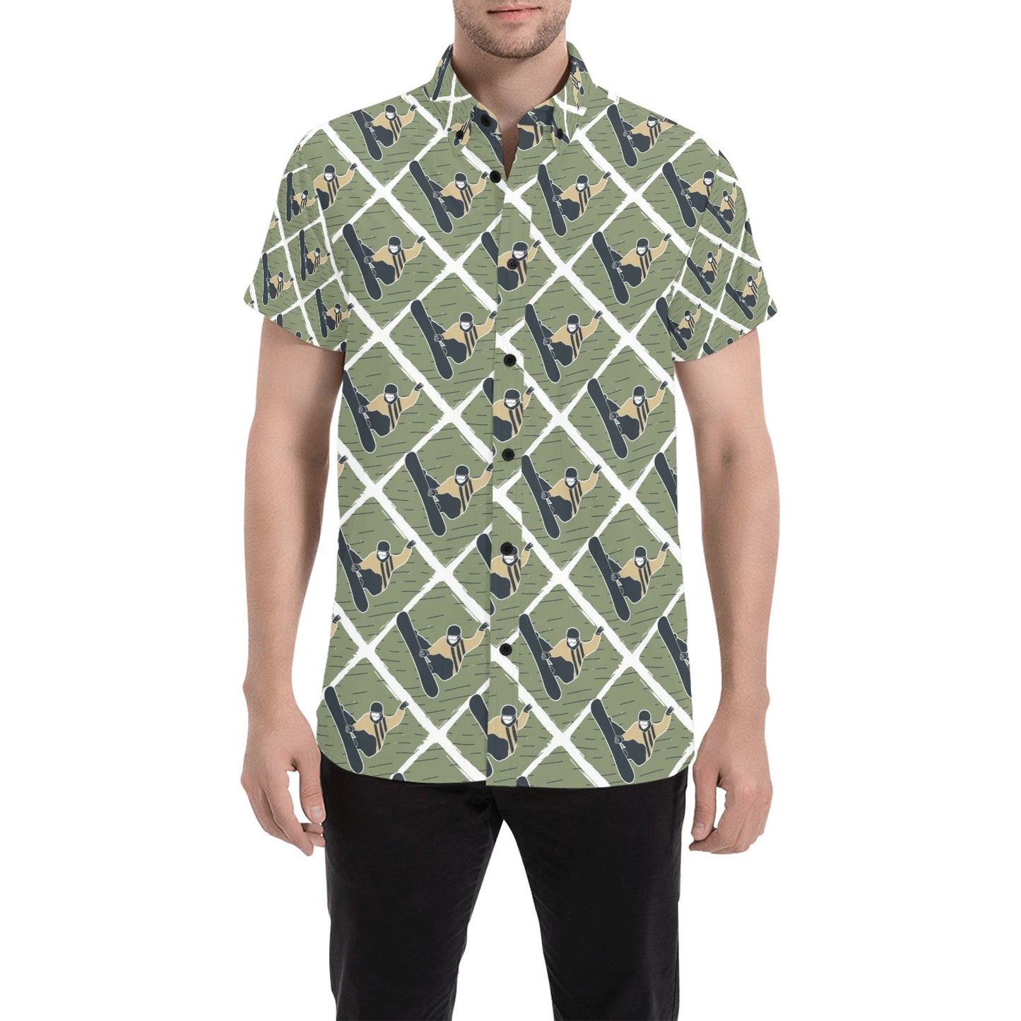 Snowboard Man Print Design LKS302 Men Short Sleeve Button Up Shirt