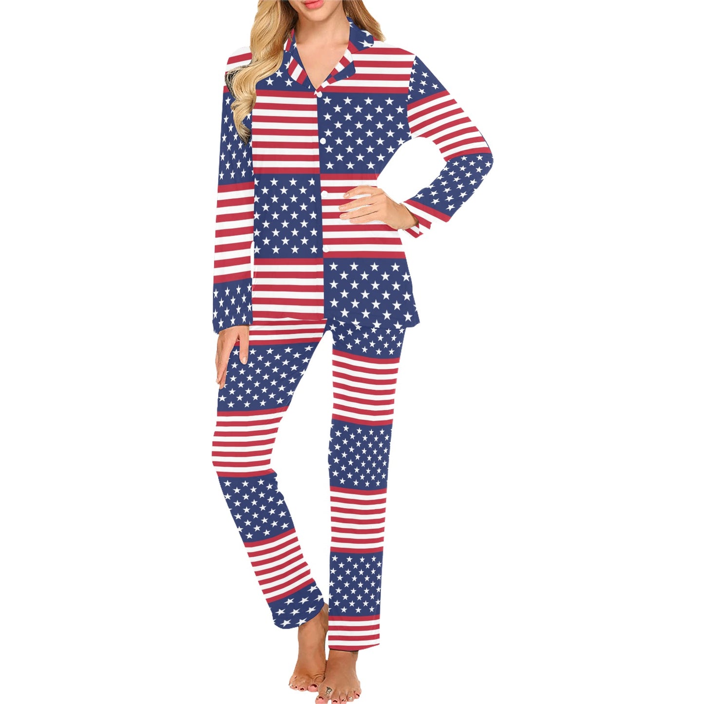 Patriotic US Flag Pattern Print Design A03 Women's Long Pajama Set