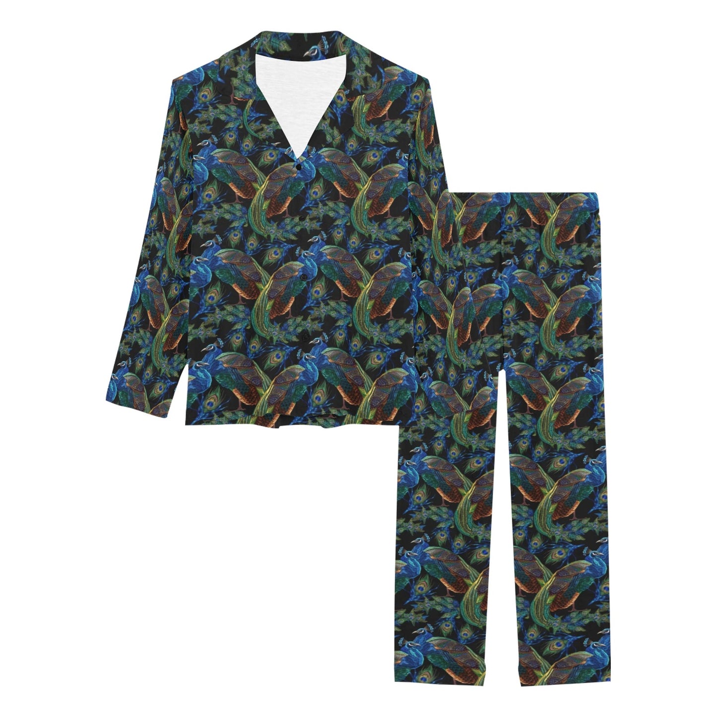 Peacock Themed Design Print Women's Long Pajama Set