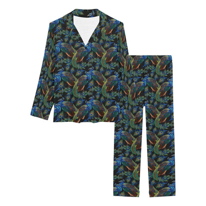Peacock Themed Design Print Women's Long Pajama Set
