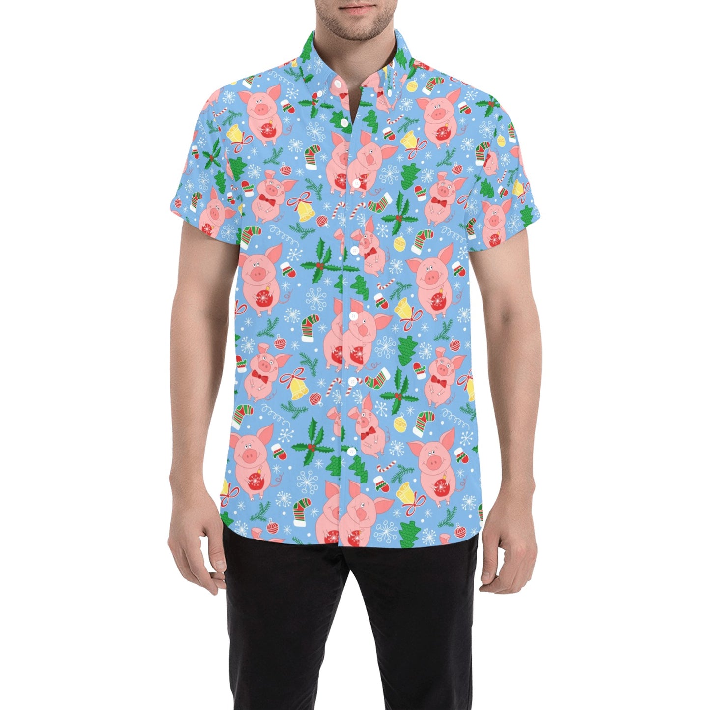 Pig Print Design LKS404 Men Short Sleeve Button Up Shirt