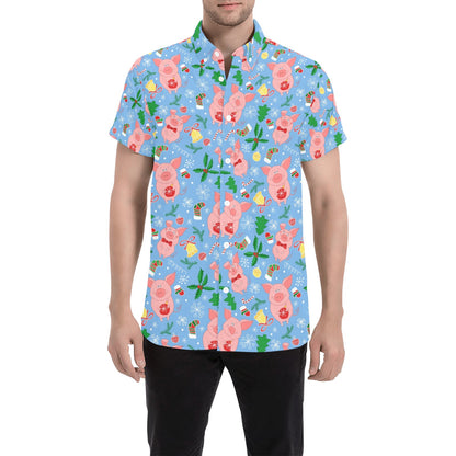 Pig Print Design LKS404 Men Short Sleeve Button Up Shirt