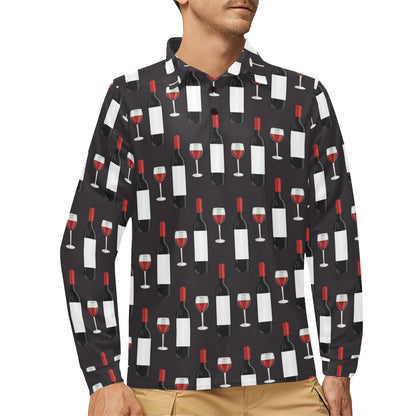 Wine Print Design LKS309 Long Sleeve Polo Shirt For Men's