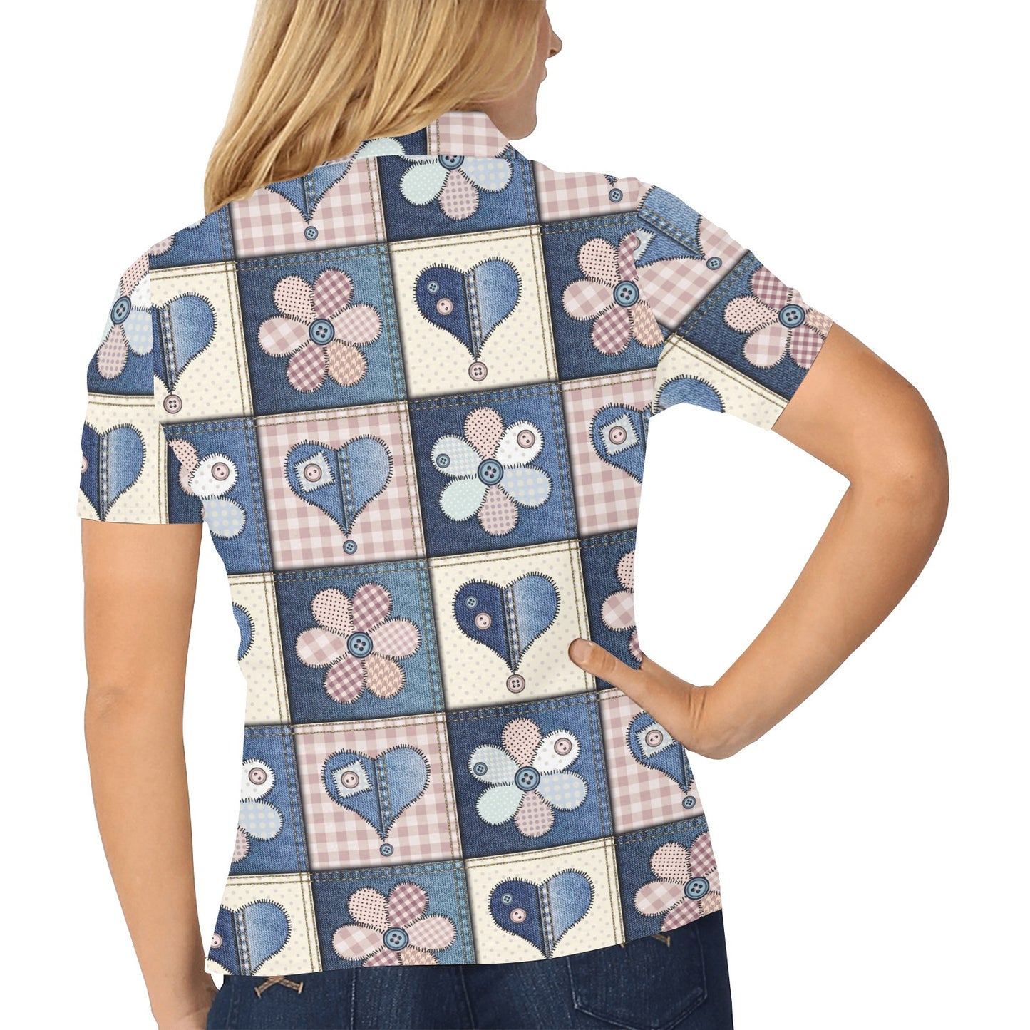 Patchwork Heart Flower Pattern Print Design 01 Women's Polo Shirt