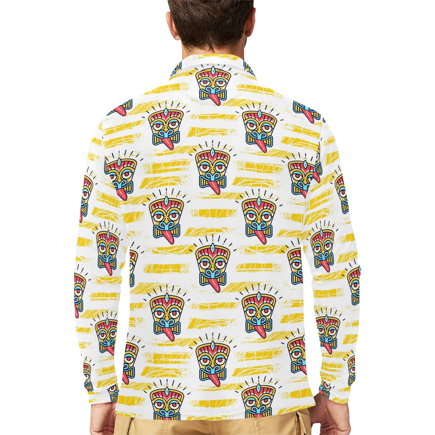 Tiki Smile Mask Print Pattern Long Sleeve Polo Shirt For Men's