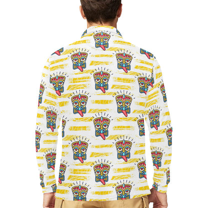 Tiki Smile Mask Print Pattern Long Sleeve Polo Shirt For Men's