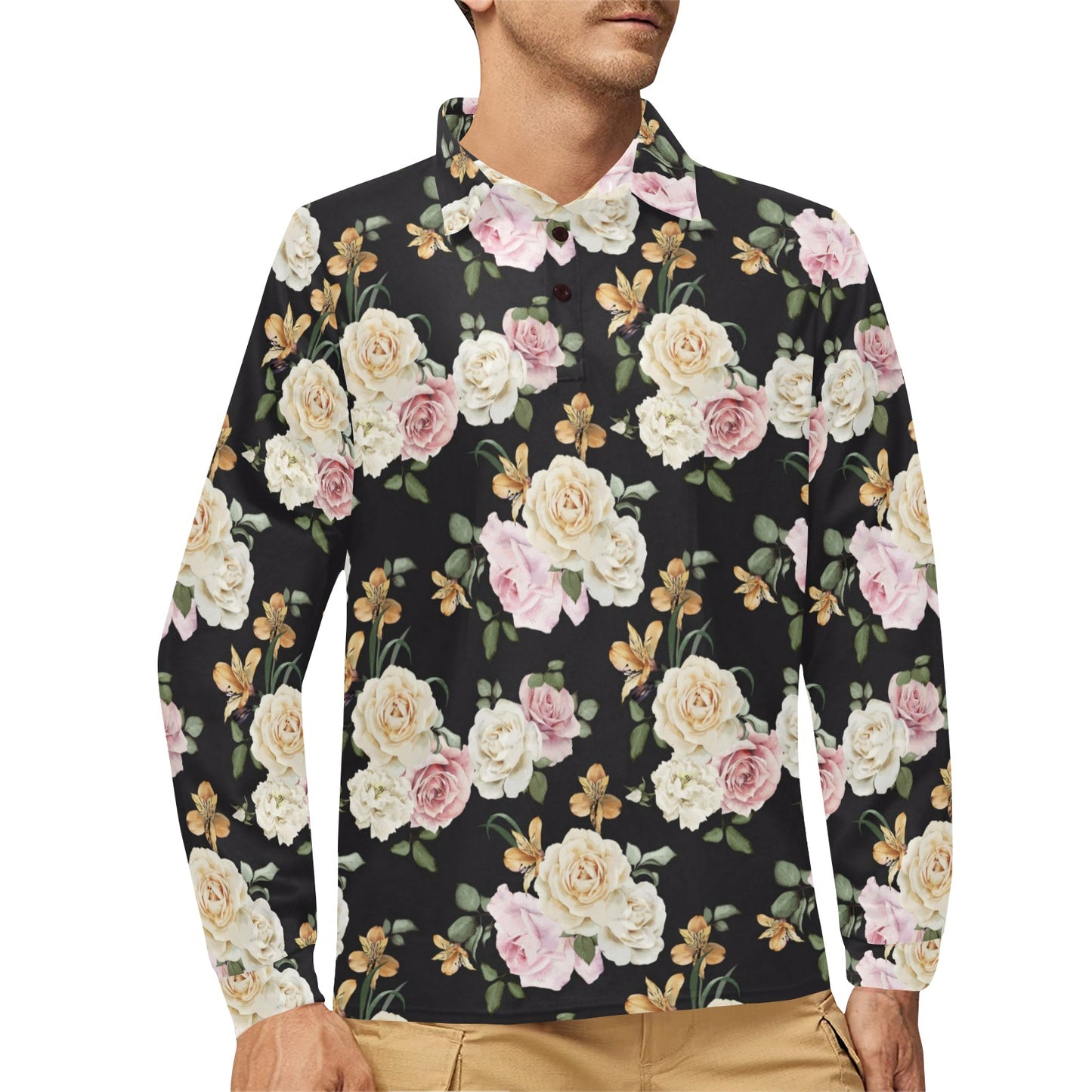 Rose Pattern Print Design A01 Long Sleeve Polo Shirt For Men's