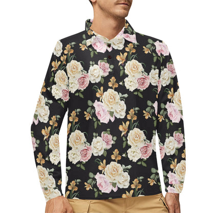 Rose Pattern Print Design A01 Long Sleeve Polo Shirt For Men's