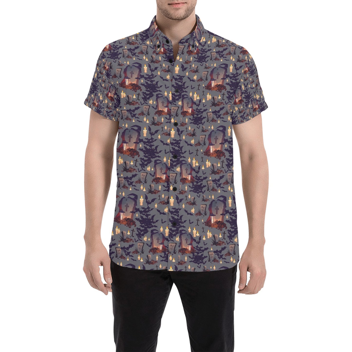 Creepy Graveyard Print Design LKS301 Men Short Sleeve Button Up Shirt