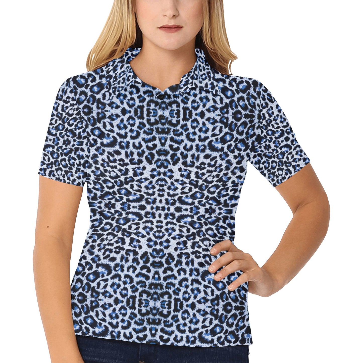Leopard Blue Skin Print Women's Polo Shirt