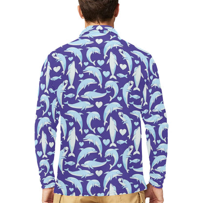 Dolphin Smile Print Pattern Long Sleeve Polo Shirt For Men's