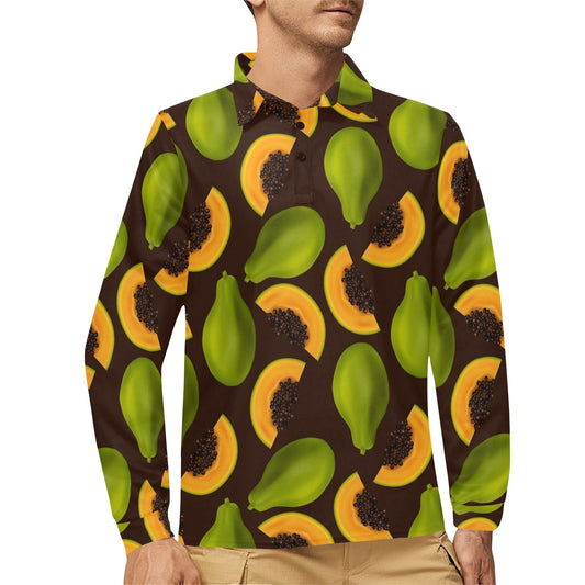 Papaya Pattern Print Design PP04 Long Sleeve Polo Shirt For Men's