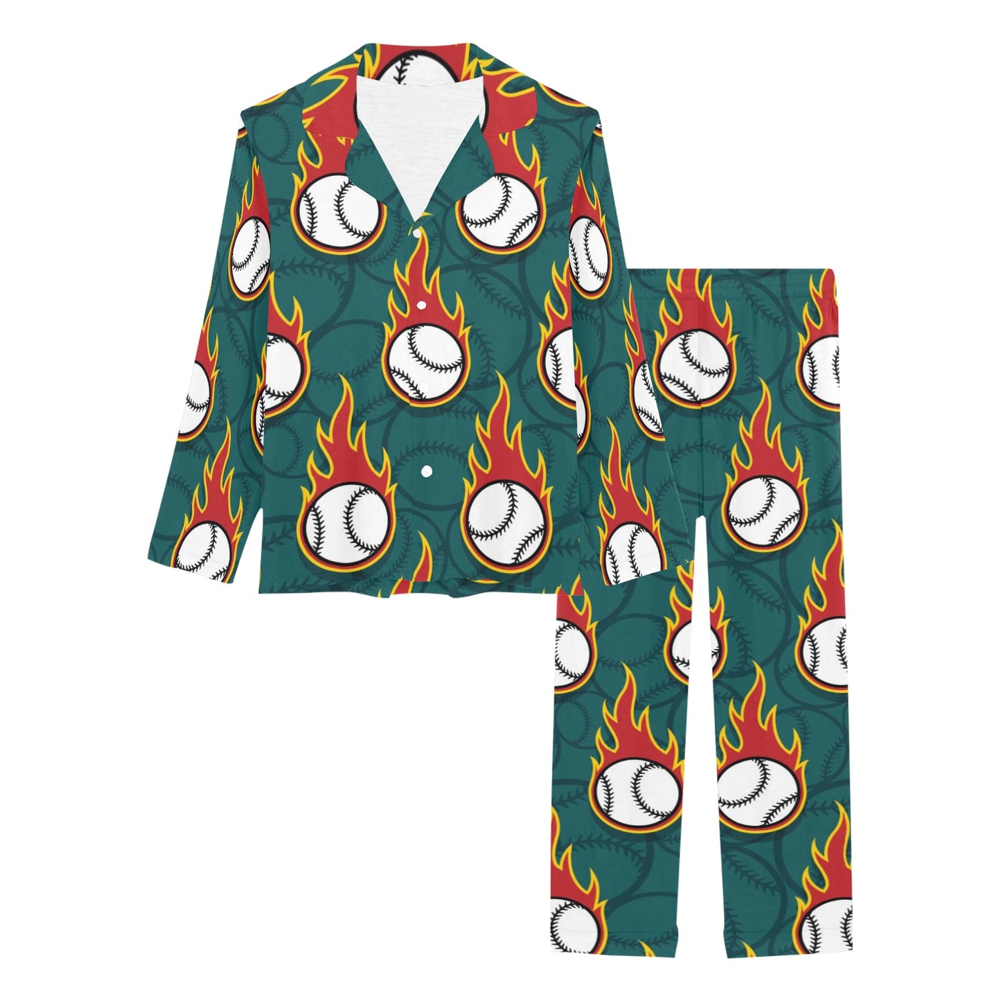 Baseball Fire Print Pattern Women's Long Pajama Set