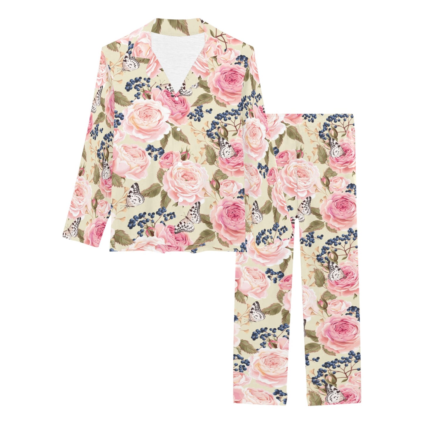 Floral Pink Butterfly Print Women's Long Pajama Set