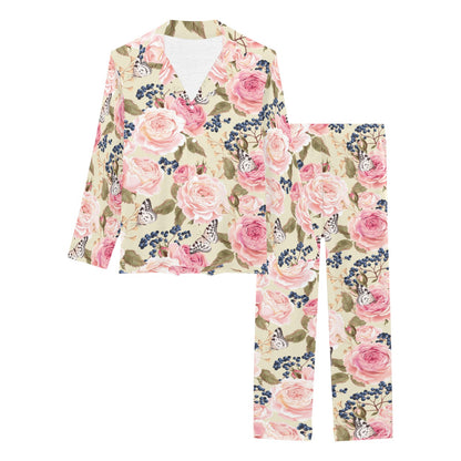 Floral Pink Butterfly Print Women's Long Pajama Set