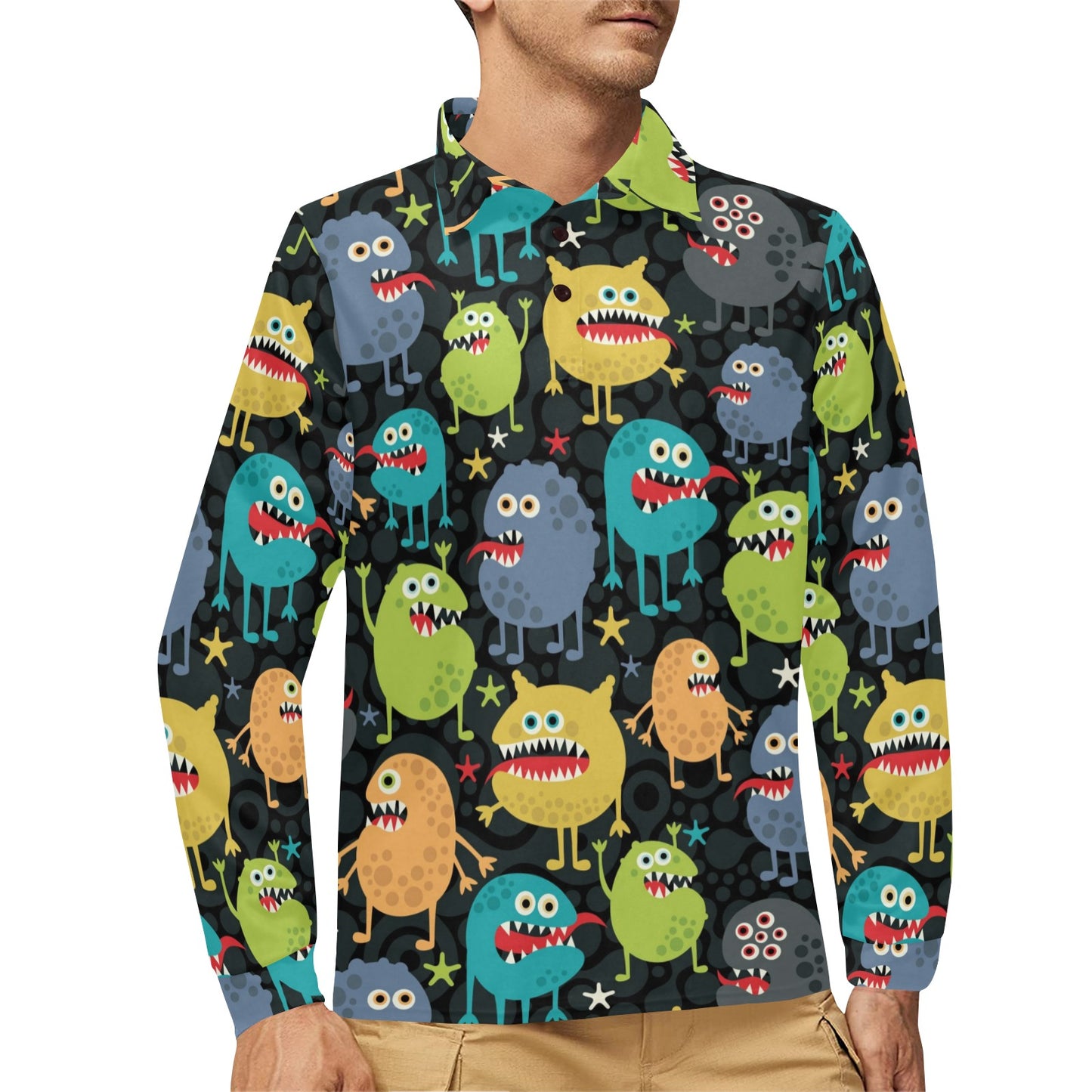 Monster Pattern Print Design 01 Long Sleeve Polo Shirt For Men's